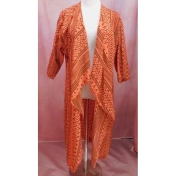 LuLaRoe Medium Coral Aztec Print Long Drape Cardigan Lightweight - Picture 2 of 9
